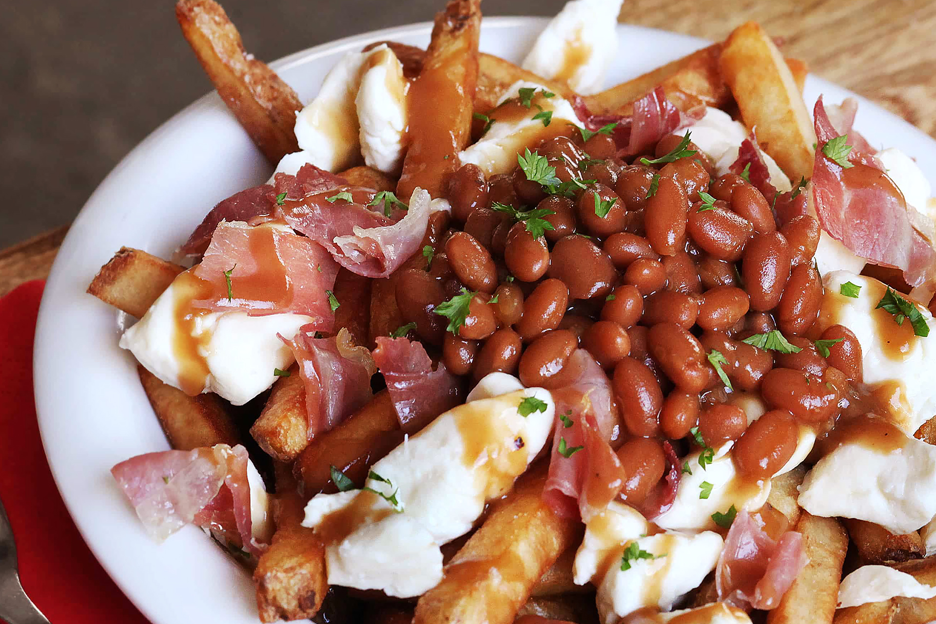 Poutine topped with Bush's Maple Baked Beans